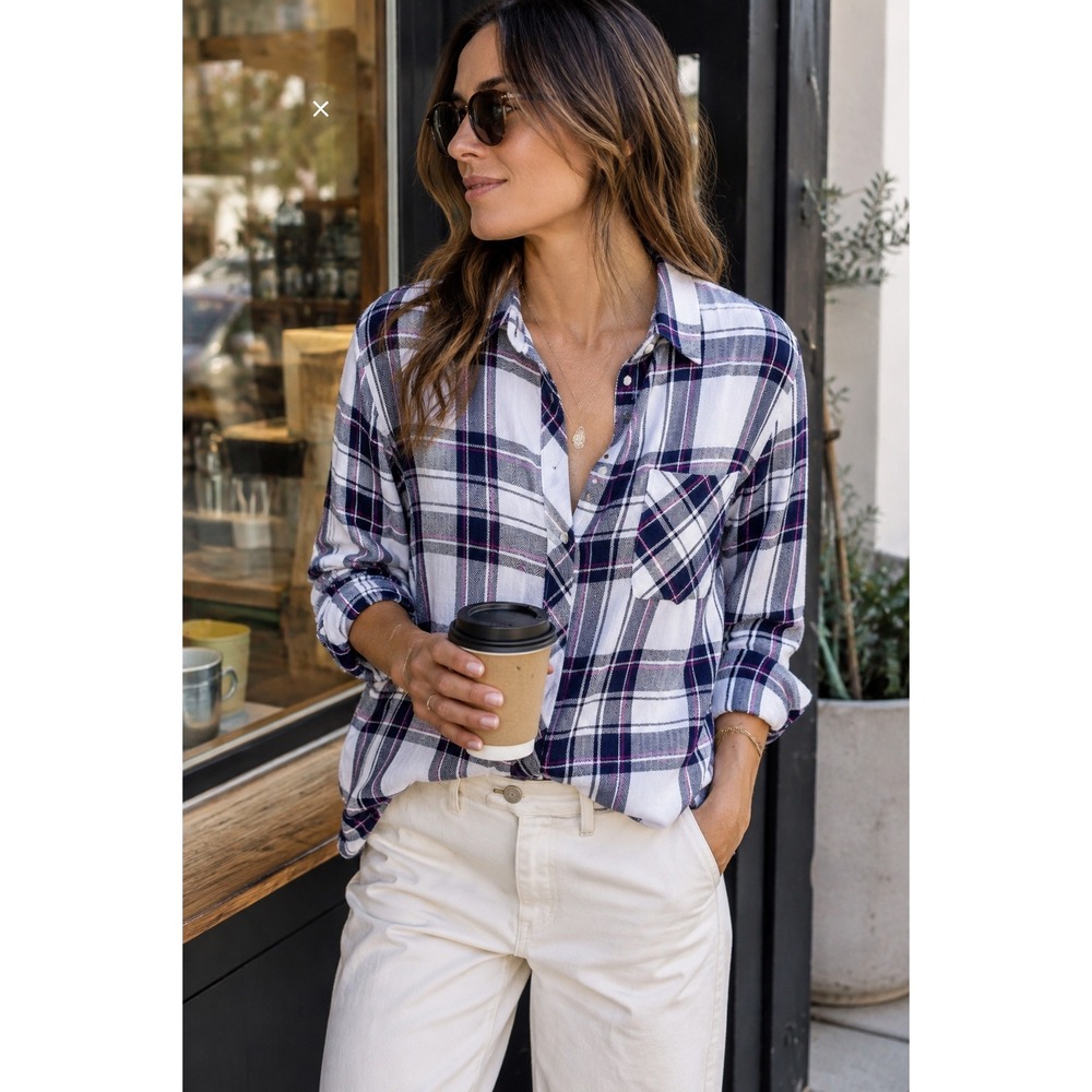 Rails Hunter Plaid Flannel Button Down Shirt White Navy Orchid Rayon S